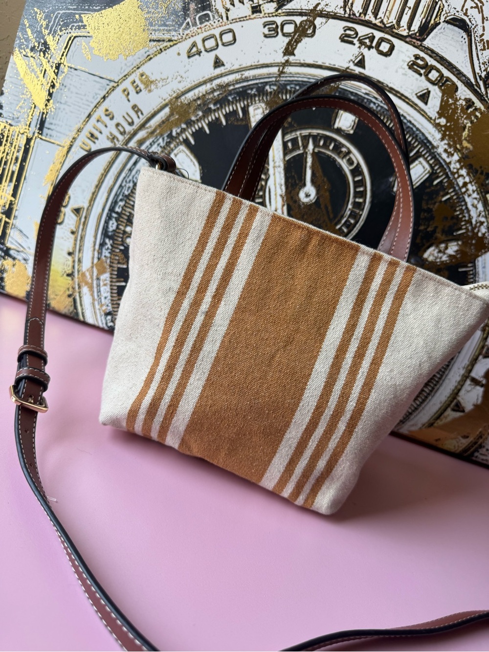 Zara Tan and Cream Striped Canvas Tote with Leather Strap